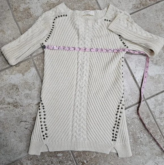 Zara Womens Medium Beige Cable Knit Sweater Studded Ribbed Preppy Boho Layering - Picture 6 of 8